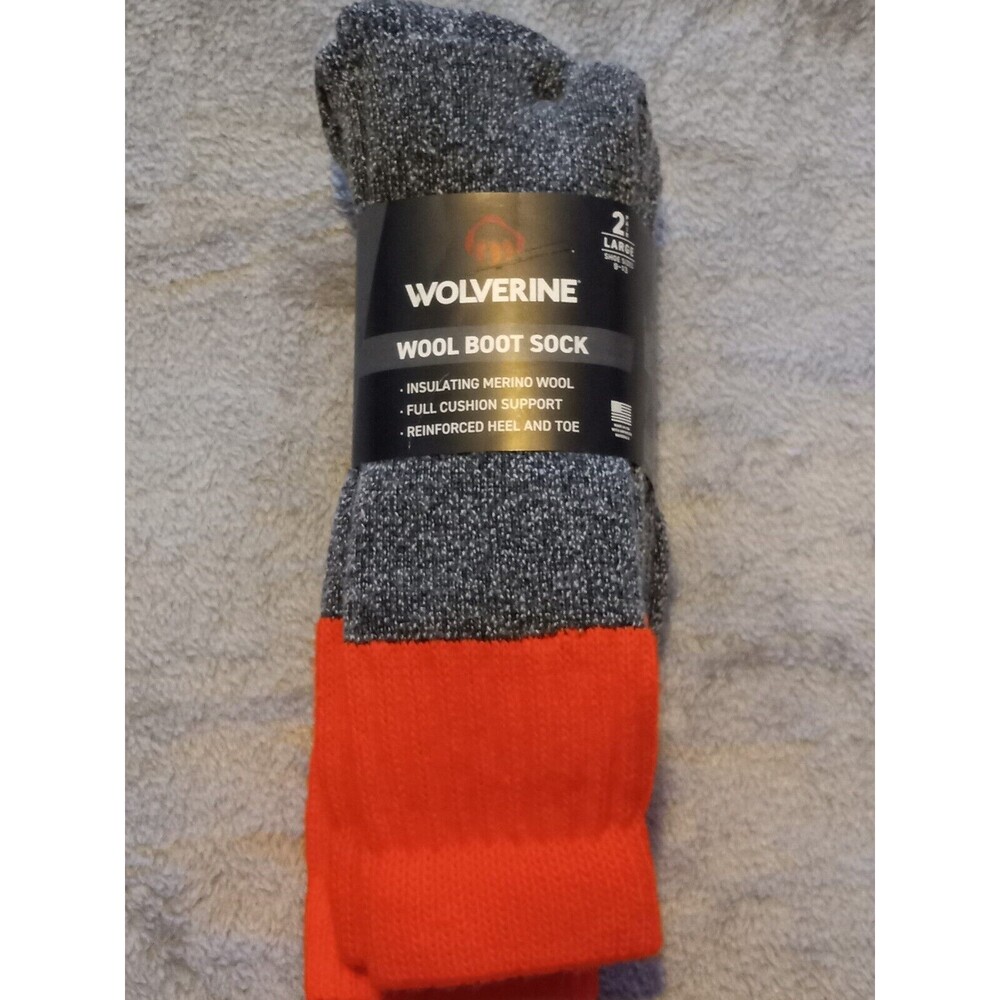 Wolverine Wool Boot Socks 2 Pair Large US Size 9-13 Unisex Adult Grey/Orange